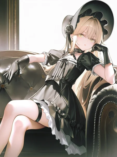 1girl,flower,solo,yinggelite,simple background,white background,looking at viewer,,yellow eyes,crossed_legs,sitting,gothic_lolita,short sleeves,black gloves,blonde hair,<lora:yinggelite-000006:0.7>, masterpiece, best quality, very aesthetic, absurdres, ,wanke,(liduke:0.95),miv4t,kerno,kazutake_hazano,(mignom:0.8),rurudo,ningen mame,(toosaka asagi:0.9524),