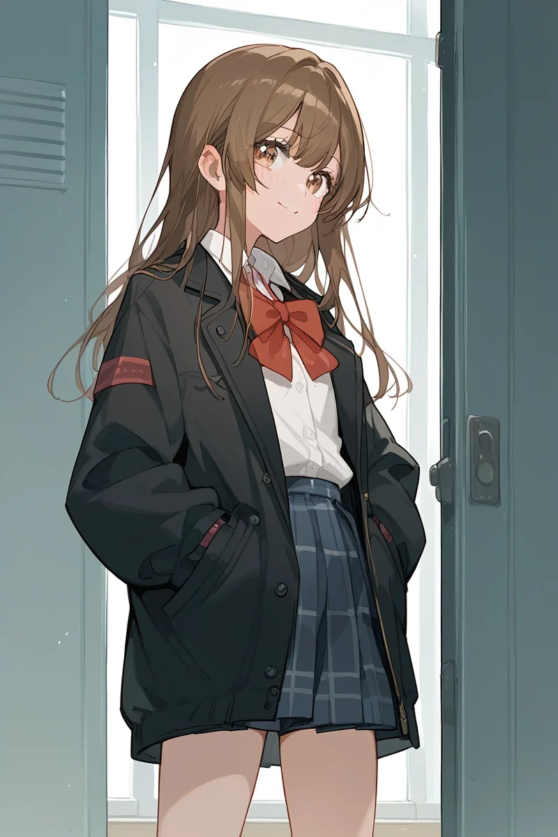 score_9, score_8_up, score_7_up, score_6_up, 1girl,
<lora:Yamate_Kyoko:0.9> kyoko, brown hair, long hair, black coat, school uniform, red bow tie, plaid skirt, hands in pockets,