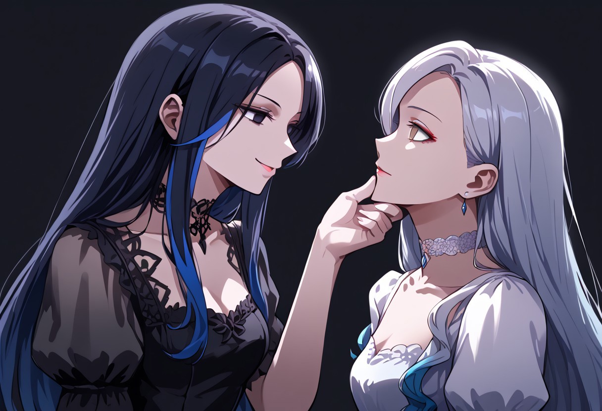 anime, two girls, adult, empty eyes, hypnotized, blank expression, expressionless, chin grab, licking face, handfixer, staring at another, looking into eyes, long hair, hair highlights, choker, sexy smile, fancy dress
