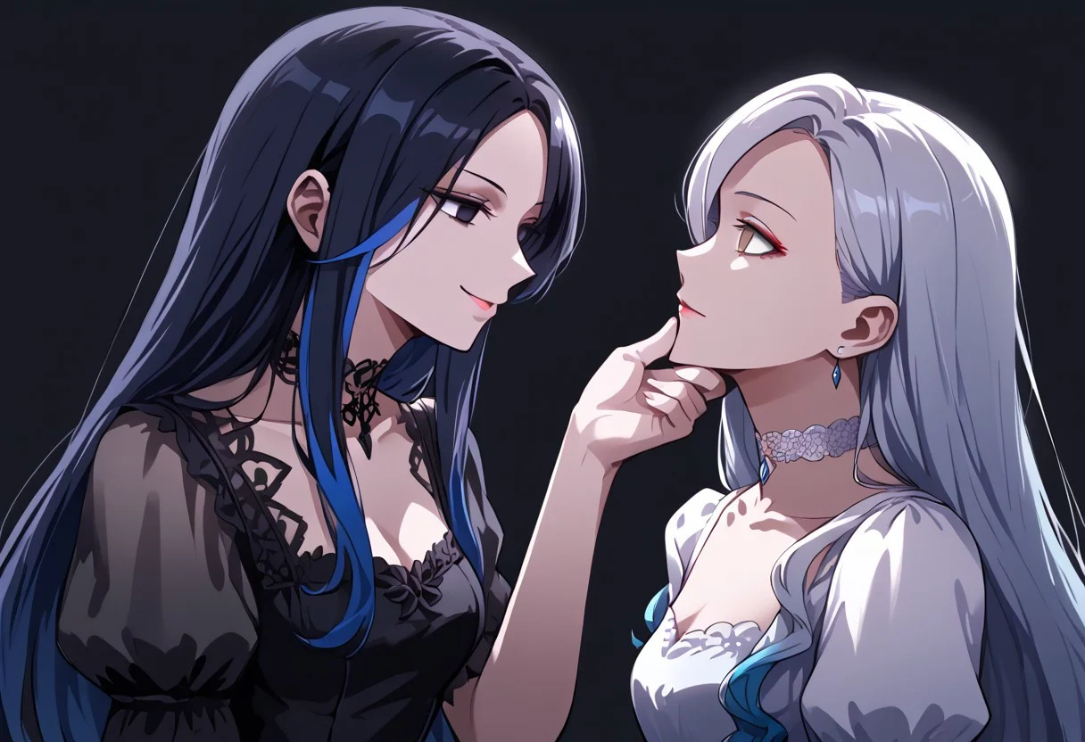 anime, two girls, adult, empty eyes, hypnotized, blank expression, expressionless, chin grab, licking face, handfixer, staring at another, looking into eyes, long hair, hair highlights, choker, sexy smile, fancy dress