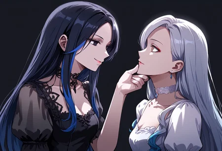 anime, two girls, adult, empty eyes, hypnotized, blank expression, expressionless, chin grab, licking face, handfixer, staring at another, looking into eyes, long hair, hair highlights, choker, sexy smile, fancy dress