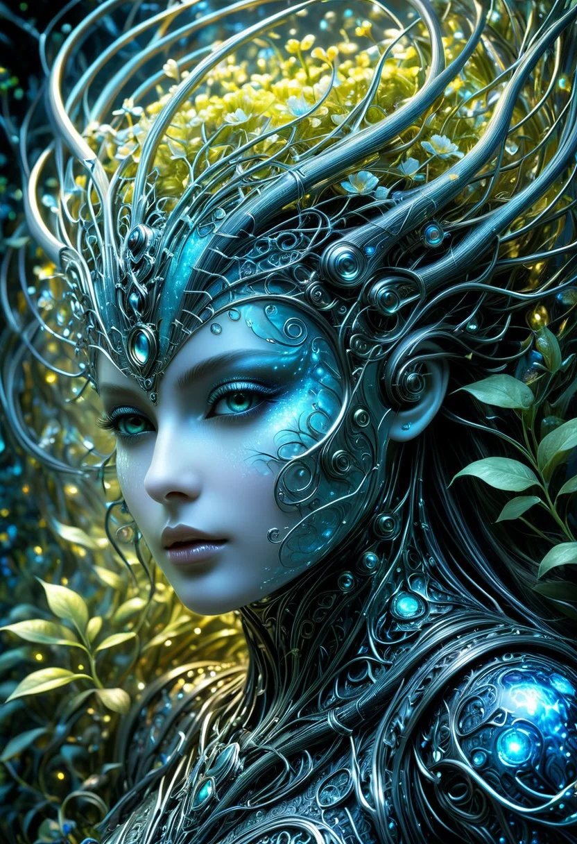 Midjourney, Midjourney style, Super HD, hyperquality, hyper-realistic, Cinematic high quality photo, (different photorealistic portrait masterpiece of a mysterious hybrid creature, a fusion of floral and mechanical) elements, wandering through an enchanted forest of bioluminescent trees and glowing plants. This unique being, with a body covered in lush foliage and intricate gears, has radiant eyes that emit a soft, (gloomy and mesmerizing light). It explores the surreal landscape, a realm where nature and technology coexist harmoniously. Delicate flowers intertwined with polished metal vines form a fascinating, intricate pattern on the creature's skin. High detail, (by Jean Ansell, Josephine Wall, H. R. Giger, and Daniel Lieske),geometric shapes,architectural details, 64k photography,close-up textures, manga, anime, poster