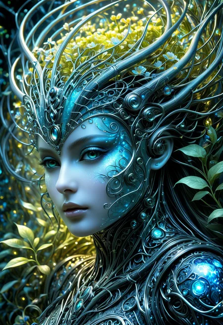 Midjourney, Midjourney style, Super HD, hyperquality, hyper-realistic, Cinematic high quality photo, (different photorealistic portrait masterpiece of a mysterious hybrid creature, a fusion of floral and mechanical) elements, wandering through an enchanted forest of bioluminescent trees and glowing plants. This unique being, with a body covered in lush foliage and intricate gears, has radiant eyes that emit a soft, (gloomy and mesmerizing light). It explores the surreal landscape, a realm where nature and technology coexist harmoniously. Delicate flowers intertwined with polished metal vines form a fascinating, intricate pattern on the creature's skin. High detail, (by Jean Ansell, Josephine Wall, H. R. Giger, and Daniel Lieske),geometric shapes,architectural details, 64k photography,close-up textures, manga, anime, poster