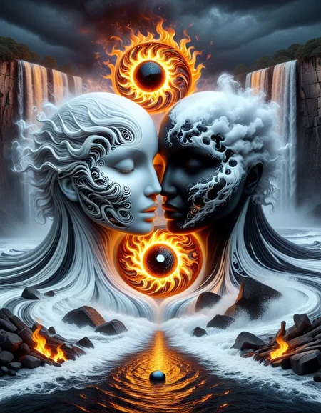 surrealist art hyperrealistic art concept art Create a surreal, highly detailed Extravagant elements of yin fire and yang breeze! Embark on a fantastic journey through the fundamental forces of nature. May they be inspired by the gentle breeze, the raging flames, the water flowing over the yin and yang on the solid earth,, fantasy and realism ,dark background<lora:luxart:1>   <lora:helios2:1> . digital artwork, illustrative, painterly, matte painting, highly detailed . extremely high-resolution details, photographic, realism pushed to extreme, fine texture, incredibly lifelike . dreamlike, mysterious, provocative, symbolic, intricate, detailed