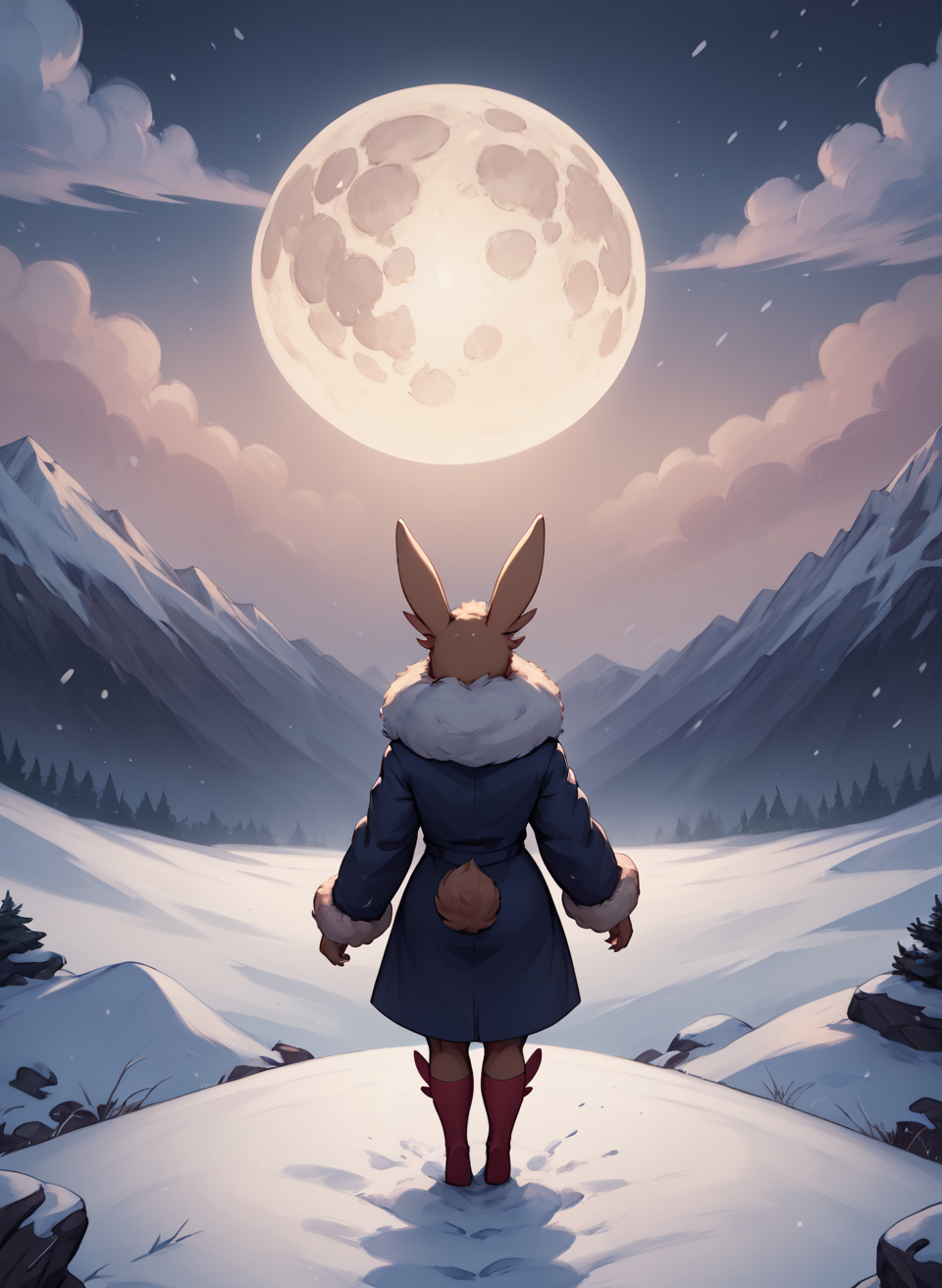 score_9, score_8_up, score_7_up, score_6_up, score_5_up, score_4_up, <lora:LopunnyPXL:1> LopunnyPXL, anthro, red eyes, black sclera, big breasts, makeup, mascara, winter coat, snowy moutain, peak of the mountain, moutain summit, summit, very top of the moutain, peak, wind, snowstorm, clouds, fog, high sky, night, facing away, turned back, from behind, ahead, raising head, looking away, facing ahead, full moon, full body,