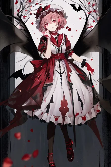 embroidery, jewelery, gown, frills, gloves/elbow gloves, high heels/shoes, pantyhose/thighhighs, remilia_scarlet_(koumajou_densetsu), solo, 1girl, smile, short_hair, shirt, red_eyes, bow, blush, hat, ribbon, dress, hair_ornament, frills, blue_hair, jewelry, puffy_sleeves, short_sleeves, red_bow, wings, mob_cap, nail_polish, pink_eyes, flower, ascot, pantyhose, sidelocks, detached_sleeves, hat_ribbon, shoes, pointy_ears, grin, wrist_cuffs, bat_wings, sword, fingernails, white_headwear, black_pantyhose, high_heels, hat_bow, collar, fang, sash, black_gloves, choker, petals, white_dress, fingerless_gloves, polearm, lips, hair_flower, expressionless, frilled_sleeves, hat_flower, brooch, pink_dress, red_sash, armband, sharp_fingernails, frilled_dress, collared_dress, coat, wing_collar, red_footwear, spear_the_gungnir, long_fingernails, light_purple_hair, eyelashes, bridal_gauntlets, cross, clenched_teeth