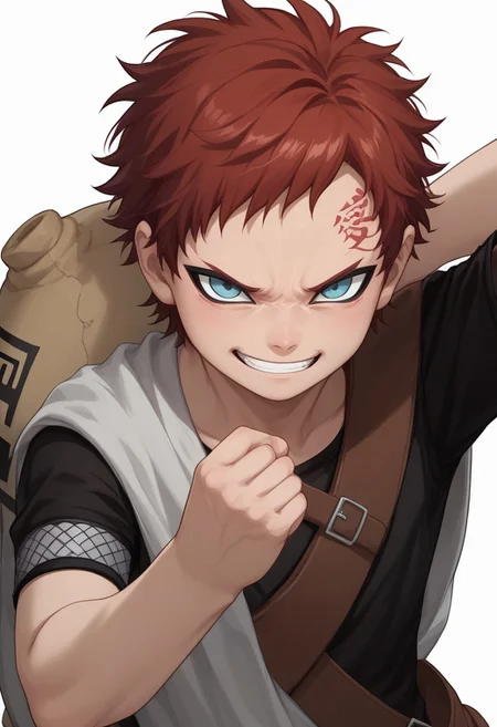 score_9, score_8_up, score_7_up, highly detailed, cute boy, 1boy, solo, young, Gaara, Red Hair, Pale Blue Eyes, Facial Mark , Black Short sleeve shirt, White Cloth Sash, leather strap, gourd, no eyebrows, angry, psychotic smirk, evil smile, fist close up, hand clenched, arm outstretched, white background