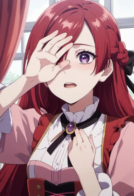 score_9, score_8_up, score_7_up, source_anime,pride royal ivy, red hair, long hair, purple eyes, 1girl, solo, braid, open mouth, french braid, anime coloring, curtains, covering own eyes, covering face, ribbon, window