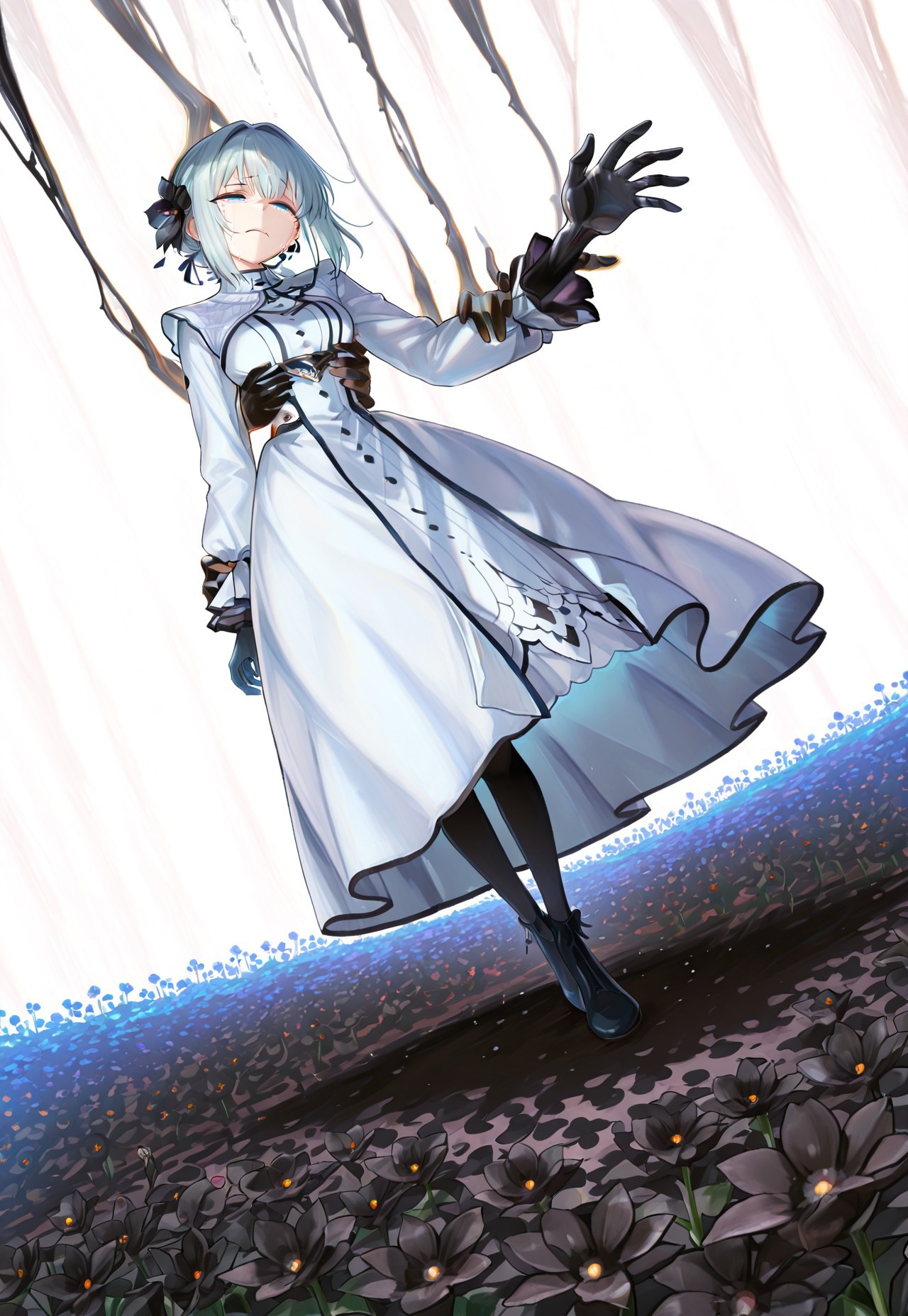 great quality,1girl,solo focus,dynamic angle,Dutch angle, white background,full body, white dress, black flower garden,flower ground, silver hair,black monster hand behind girl,disembodied hand reaching out from behind, Chindal effect,light particle,(sad,crying, tears),blue eyes,half closed eyes,(black disembodied hand)