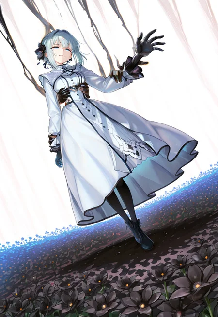 great quality,1girl,solo focus,dynamic angle,Dutch angle, white background,full body, white dress, black flower garden,flower ground, silver hair,black monster hand behind girl,disembodied hand reaching out from behind, Chindal effect,light particle,(sad,crying, tears),blue eyes,half closed eyes,(black disembodied hand)
