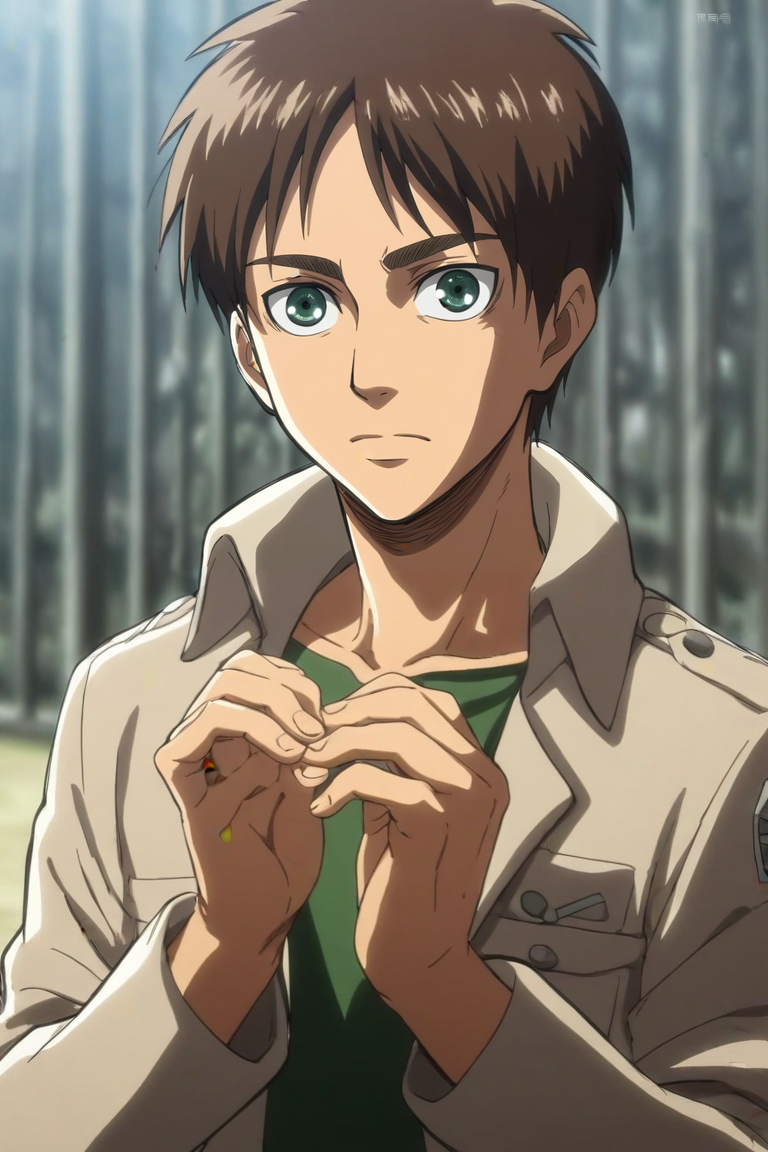 score_9, score_8_up, score_7_up, score_6_up, score_5_up, score_4_up, BREAK source_anime, (best quality:1.1), (masterpiece:1.4), looking at viewer, upper body, depth of field, 1boy, solo, male focus, <lora:Eren_Yeager_PonyXL:0.92>, eren_yeager, brown hair, green eyes, sport coat, , time travel, Hands on heart, showing sincerity, <lora:sdxl_lightning_8step_lora:1>