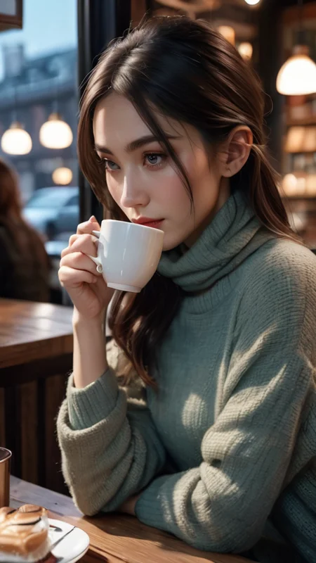 (photorealistic, masterpiece, best quality, highly detailed),
1girl, 8k wallpaper, extremely detailed figure, amazing beauty, detailed characters, detailed background, aestheticism, sitting, winter, coffee shop, corner, coat, scarf, large breasts, gray hair, red eyes, emotionless, obedient, obedient, thick eyebrows, small nose, full lips, long eyelashes, delicate neck, slender shoulders, bare arms, delicate hands, long fingers, pointed nails, high cheekbones, oval face, smooth skin, rosy cheeks, cup of coffee, saucer, steam, warm, cozy, comfortable, relaxed, calm, quiet, peaceful, serene, contemplative, close-up, best quality, amazing quality, very aesthetic, absurdres
<lora:IVI2:0.7>