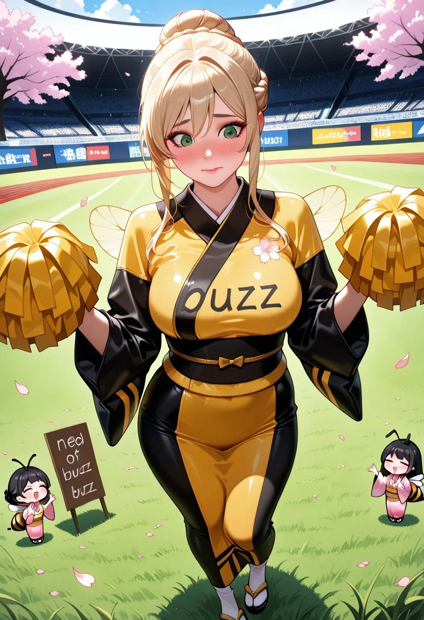 NEWEST, CONTRAPPOSTO, 2.5D REALISTIC, DETAILED FACE & EYES, PERSPECTIVE, SOLO FOCUS, ULTRA DETAILED EYES, EYE HIGHLIGHTS, masterpiece, BEST QUALITY, 1girl, solo, b33g1rl, Bee's wings bee's tail,
yellow and black stripe costume, bee's antenna
in Japan sakura season, base ball stadium, grass,
(many canopy of tall cherry blossoms at out side of stadium :1.5)
Flower petal on wind & grass,
Confetti
from above, (wide angle:1.3)
bust up shot,
arms up higher, black and yellow zebra design arm sleeve,
(w-pose arms)
face profile,
tilt head,
team of  cheerleaders wearing kimono, 
yellow clothing long sleeves,
green eyes embarrassed look closed mouth 
chibi holding sign,
 cheerleading,
tight clothing, yellow clothing, breasts under clothes, long sleeves, (partially mixed blonde black hair), long hair, her hair up,
hair Bun, curved side french braid,
green eyes, embarrassed look, closed mouth, makeup, pink lipstick, young, need_buzz, 
honey comb pattern in kimono sleeves,
folded elbows.
(correct text of "need buzz" sign board held by 2 chibi's)
twisting upper body. from diagonally side,
several chibi's also performing this show,
chibi flying with her bee wings,
moving line
(correct text of "buzz" sign at uniform:1.5)
(girl has pompom pink or chibi)
Kimono
(Wide sleeves)
sash
obi
white socks
sandals
BREAK
filled with sakura at margin of top,
unholy-aesthetic, MASTERPIECE, BEST QUALITY, AMAZING QUALITY, VERY AESTHETIC, ABSURDRES, ultra DETAILED face, ultra DETAILED EYES,