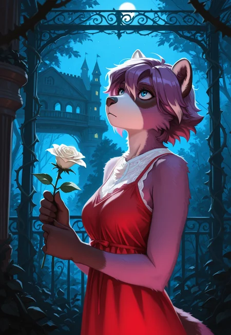 masterpiece, best quality, good quality, very awa, newest, highres, absurdres, highres, very aesthetic, (furry:1.5), fur, fur covered, (no humans:1.3), taskstyle, artist:moriimee, DIGITAL PAINTING,, 
BREAK,
1girl, female anthro raccoon, purple fur, white fur, multicolored fur, fluffy, cute, adorable, holding flower, flower, glowing, short hair, rose, dark fur, blue eyes, white flower, sleeveless, dress, translucent red dress, white hem, hair between eyes, upper body, looking up, closed mouth, expressionless, lace, white shirt, lace trim,
BREAK, balcony, outdoors, night, moonlight, vines, gardening, thorns, trellis, natural background, forest, castle balcony, depth of field, vibrant color, cool color theme, detailed background, evocative composition, dynamic contrasts,