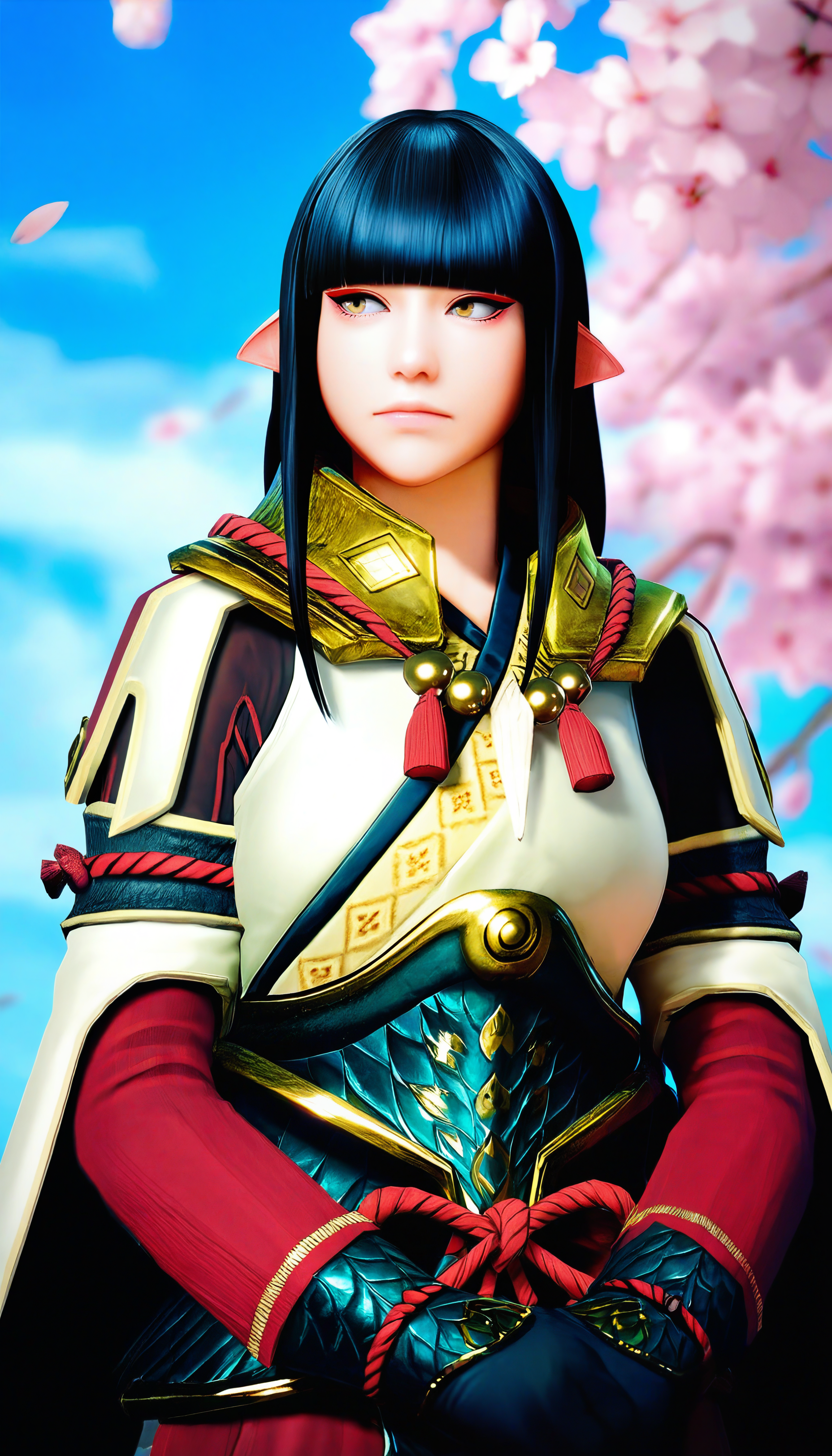 masterpiece,best quality,amazing quality,
<lora:mhminotoNAI:1>,mhminoto,realistic,no hair ornament,
1girl,solo,black hair,long hair,blunt bangs,hair ornament,yellow eyes,red and white short cape,white robe top,black gloves,green waist armor,upper body,clasped hands in front,looking away,outdoors,cherry blossoms,blue sky,depth of field,