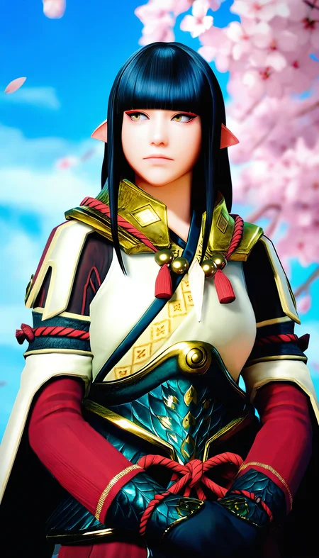 masterpiece,best quality,amazing quality,
<lora:mhminotoNAI:1>,mhminoto,realistic,no hair ornament,
1girl,solo,black hair,long hair,blunt bangs,hair ornament,yellow eyes,red and white short cape,white robe top,black gloves,green waist armor,upper body,clasped hands in front,looking away,outdoors,cherry blossoms,blue sky,depth of field,