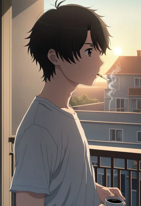 high resolution, solo, best quality, 1Boy, Inaho Kaizuka, Black Hair, Brown Eyes, home balcony, morning, cigarette, coffee, t-shirt, shorts, looking away, OverallDetail