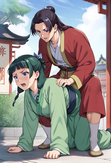 <lora:pony_ride_bog_ponyxl_v1:0.8>, (piggyback riding:1.2), all fours, (sitting on person:1.2), boy on top, 1girl, 1boy, annoyed, excited, <lora:maomao_and_jinshi_ponyxl_v4:1>, maomao, jinshi, chinese clothes, light green hanfu, muscular man, outdoors, street, town, chinese architecture,
BREAK
score_9, score_8_up, score_7_up, score_6_up, anime coloring, rating_safe, (high quality, detailed, beautiful), shiny, outstanding, countershading, detailed soft lighting