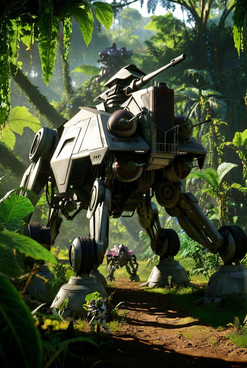 7-ATTE, walker, mecha, giant, field of view, jungle, vines, accurate proportions, sharp image  [reflections, accurate lighting, shadows, realistic, high quality photo, 4k, hd, smooth metallic surfaces, render, cgi]
