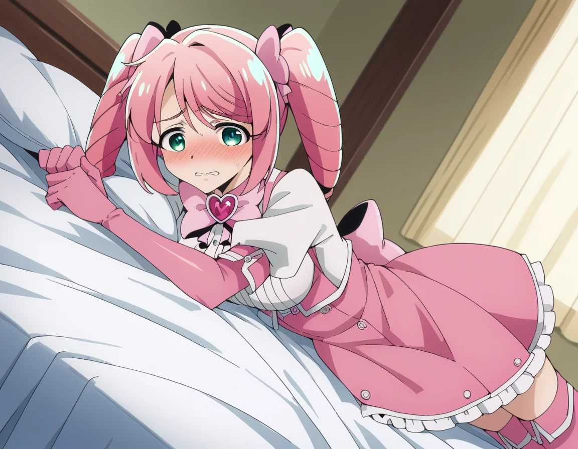 score_9, score_8_up, score_7_up, source_anime,
harukahanabishi, <lora:haruka-hanabishi-ponyxl-lora-nochekaiser:1>
haruka hanabishi, twintails, green eyes, pink hair,
thighhighs, gloves, dress, bow, magical girl, pink gloves,
indoors, bed, bed room, on side, blush, drunk,
looking at viewer, dutch angle, cowboy shot