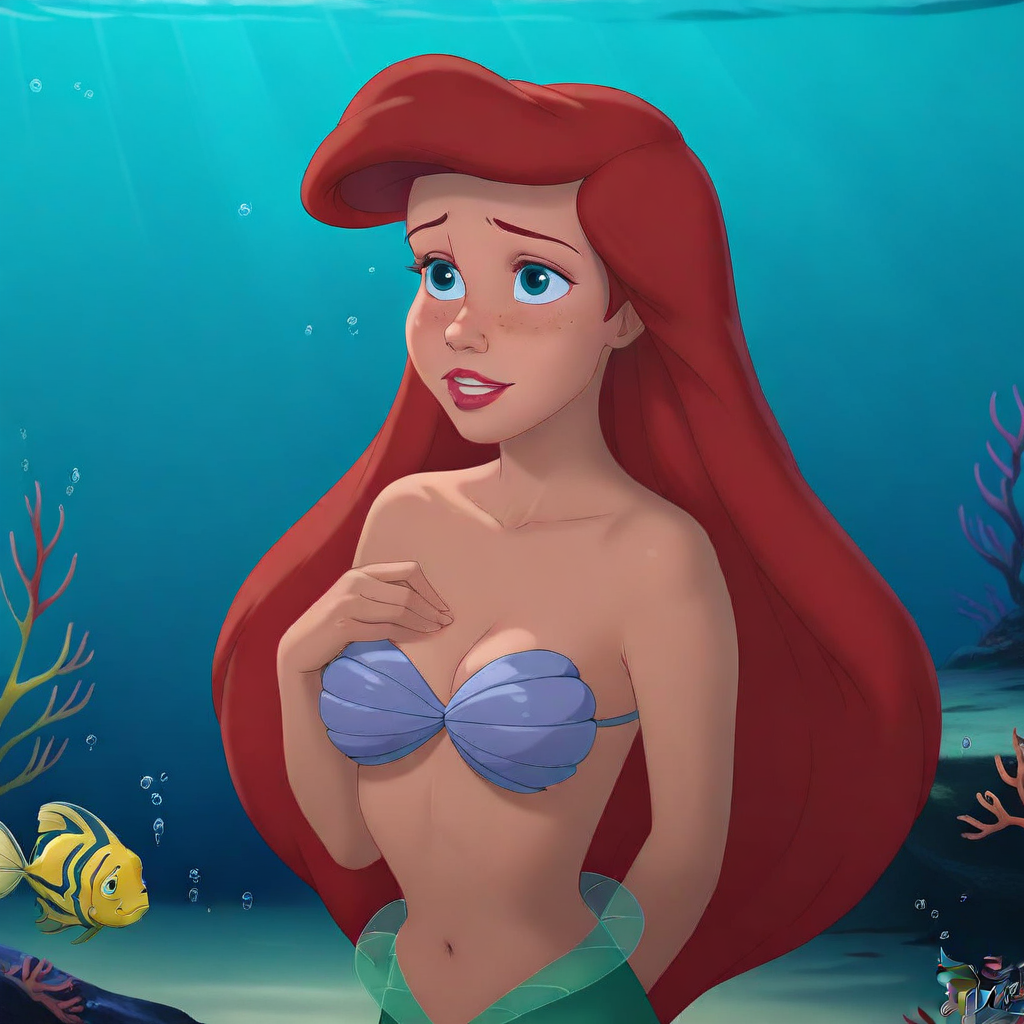 medium breasts, Athalariel, rock, athalariel, lips, shell bikini, signature, hand on own chest, bikini top only, collarbone, 1girl, lipstick, teeth, monster girl, solo, navel, fish, arms at sides, cleavage, underwater, looking away, arms behind back, light rays, freckles, breasts, watermark, bare shoulders, very long hair, smile, red lips, arm behind back