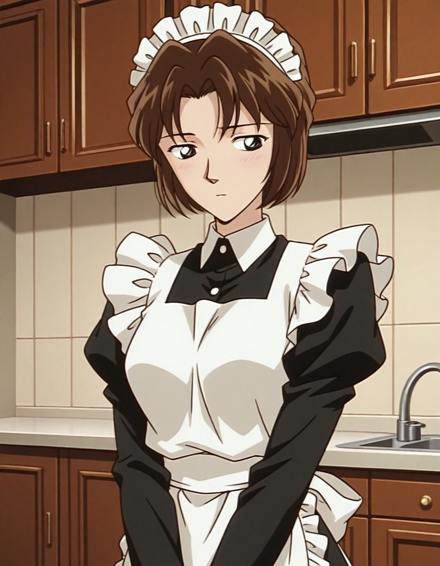 1girl,(solo:1.3),masterpiece,best quality,anime screencap,1990s \(style\),
<lora:hyuuga_miyuki_conan_v1_IL:0.7>,Hyuuga Miyuki,(meitantei conan:0.6),black eyes,brown hair,short hair,breasts,parted bangs,arched bangs,long sleeves,maid, maid headdress, 
closed mouth,expressionless,averting eyes,standing,looking at another,upper body,blush, kitchen,indoors, shy,<lora:dmd2_sdxl_4step:1>,