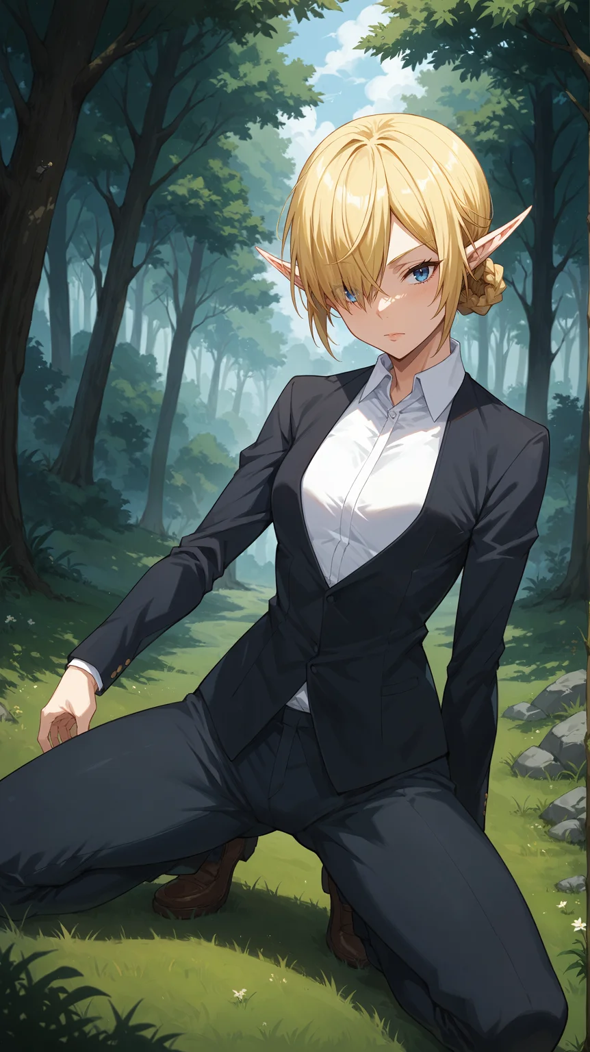 score_9,score_8_up,score_7_up,score_6_up, source_anime, zPDXL3, <lora:xl_more_art-full_v1:0.5>, woman, dynamic pose, legs apart, <lora:Kagali - Pony-000004:0.8>, blonde hair, hair up, braids, pointy ears, elf ears, hair over one eye, blue eyes, white collared shirt, black suit, suit jacket, suit pants, forest, tall grass, trees,