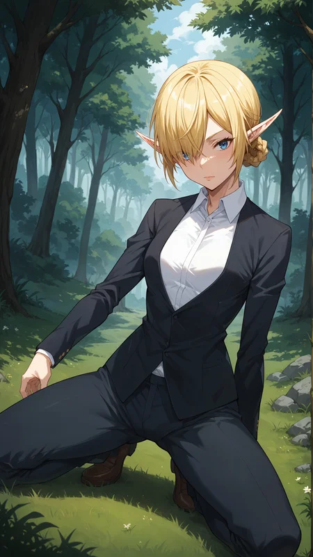 score_9,score_8_up,score_7_up,score_6_up, source_anime, zPDXL3, <lora:xl_more_art-full_v1:0.5>, woman, dynamic pose, legs apart, <lora:Kagali - Pony-000004:0.8>, blonde hair, hair up, braids, pointy ears, elf ears, hair over one eye, blue eyes, white collared shirt, black suit, suit jacket, suit pants, forest, tall grass, trees,