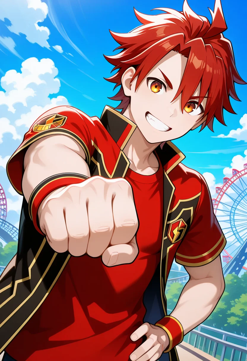 masterpiece,best quality,amazing quality BREAK 1boy,smile,male focus,solo,sky,cloud,blue sky,red shirt,clenched hand,looking at viewer,shirt,day,grin,wristband,outdoors,teeth,jacket,upper body,hand on own hip,ferris wheel,roller coaster,fist bump,short sleeves,t-shirt,cloudy sky,red-black jacket,open clothes,<lora:Asagaki_Tougo-000010:1>,