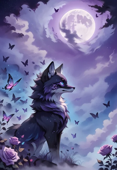 abstractzyrnox, abstract, abstract art, butterfly, blue, purple, white, fog, cinematic, purple sky, cloud, moon, ((black fox, animal, creature), rose, blue eyes)

