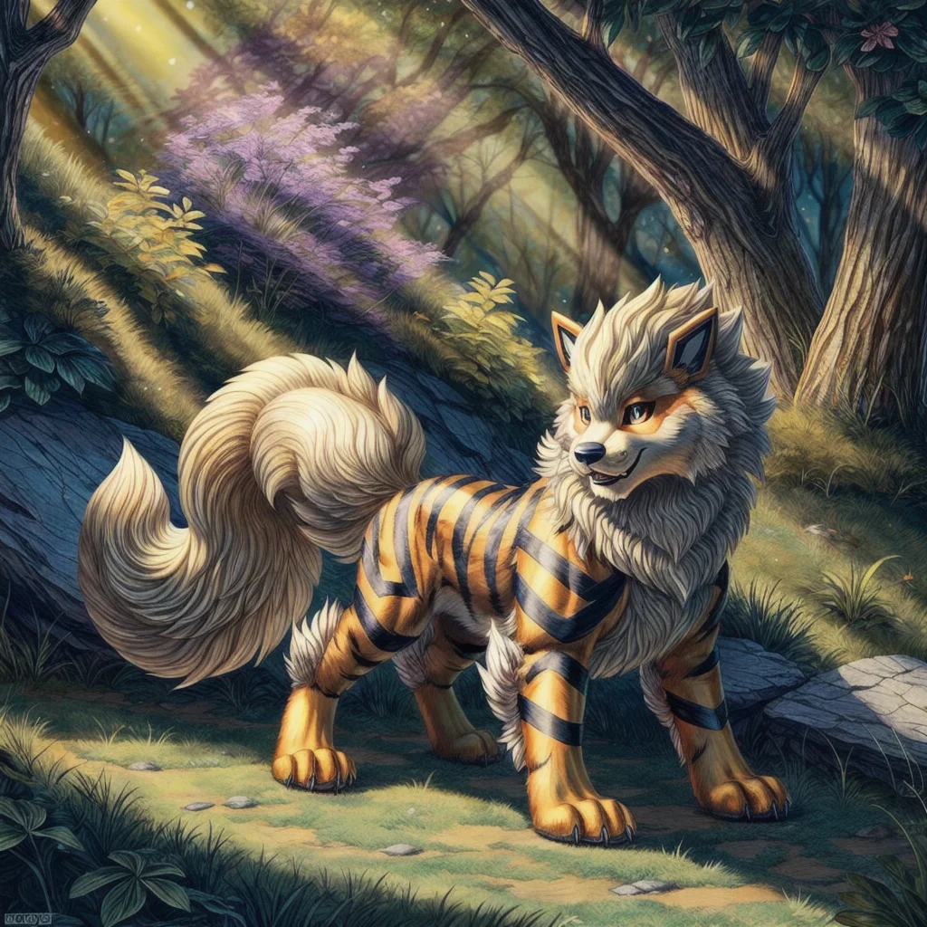 (((Arcanine, Pokmon, Animal,))), solo, single, Tiger, wolf, orange fur, fluffy, cuddly, <lora:Arcanine - Pokmon:1>
(masterpiece, sidelighting, finely detailed, beautiful), <lora:add_detail:1> <lora:hairdetailer:0.2>
In forest,