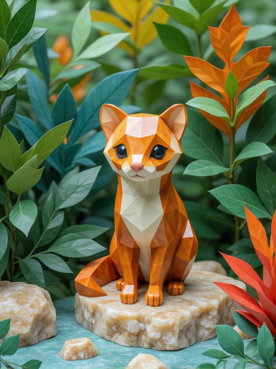 <lora:ck-polygon-gems-0019.safetensors:1> a crafted gemstone model in the style of cklg featuring a
A whimsical illustration featuring a brown and cream-colored paper-cut ferret with large expressive eyes, set amidst a vibrant green, blue, orange, and red leafy background with intricate paper layers creating depth and texture. The atmosphere is lively and cheerful, inviting the viewer to engage with the scene's carefree energy.
