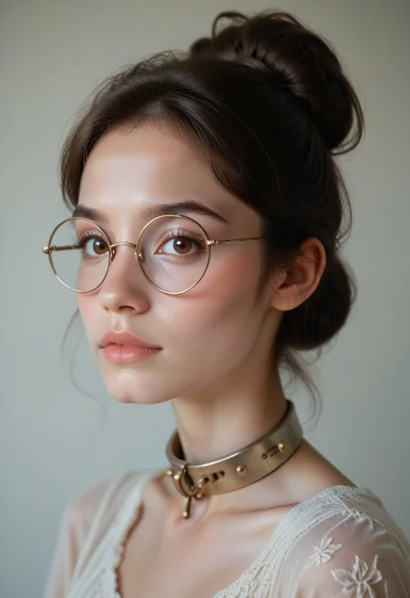 score_9, score_8_up, score_7_up, score_6_up, photo, grainy, amateur, lowres, Tiaris, cute girl, 1girl, solo, small round glasses, ((bronze collar)), hairbun, brown eyes, portrait, looking at viewer, realistic, dark hair, close-up