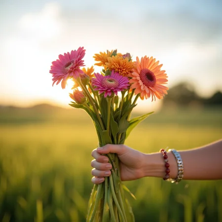Photorealistic, high-quality photograph of a hand holding a bouquet of flowers with a lawn sky in the background, fresh air and sunrise scene