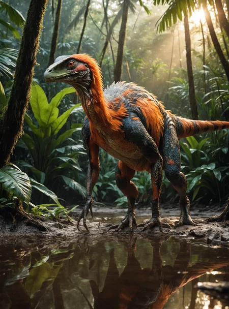 Hyperrealistic art (Highest Quality, 32k, masterpiece, Amazing Details:1.1), a dark orange exotic velociraptor, feathered body, covered with colorful feathers, giant, like jurassic park, bird feathers, short arms with claws, film grain, Fujifilm XT5, photography, ultra detailed, reflecting water, wet ground, muddy, sunset, light rays, dark rainforest, hdr <lora:add-detail-xl:1.6> all . Extremely high-resolution details, photographic, realism pushed to extreme, fine texture, incredibly lifelike
