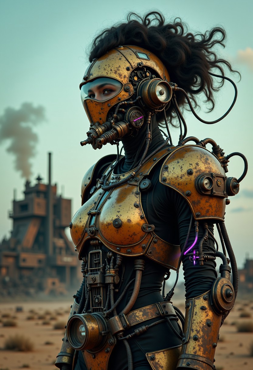 cpstyle01. A heavily armored soldier stands in the center of an arid desert landscape under a clear sky, evoking a steampunk aesthetic with cyberpunk influences. Her face is obscured by a brass-colored helmet adorned with rivets, pipes, and wires, suggesting advanced cooling and illumination systems. Neon-lit panels cast a harsh industrial glow, enhancing the futuristic feel.
Her intricate, voluminous updo is seamlessly integrated with mechanical components, with various tubes and parts extending into her armor. The worn-out plating, covered in an industrial texture, hints at extensive combat yet remains in a state of restoration. The armor itself is composed of a reflective material, mirroring the surrounding environment and suggesting movement.
Large headlights flank a reinforced grille on her suit, adding to her enigmatic presence. To the left, a structure with large windows looms, its faint outlines revealing a crumbling industrial past—a fusion of metal and wood, remnants of historical industrial archaeology now reclaimed by time.