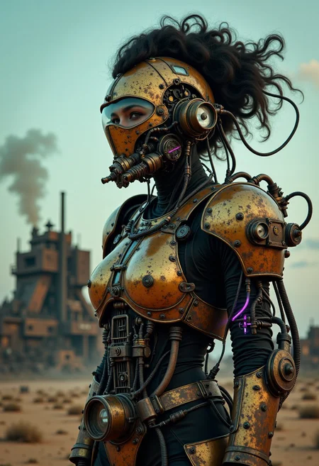 cpstyle01. A heavily armored soldier stands in the center of an arid desert landscape under a clear sky, evoking a steampunk aesthetic with cyberpunk influences. Her face is obscured by a brass-colored helmet adorned with rivets, pipes, and wires, suggesting advanced cooling and illumination systems. Neon-lit panels cast a harsh industrial glow, enhancing the futuristic feel.
Her intricate, voluminous updo is seamlessly integrated with mechanical components, with various tubes and parts extending into her armor. The worn-out plating, covered in an industrial texture, hints at extensive combat yet remains in a state of restoration. The armor itself is composed of a reflective material, mirroring the surrounding environment and suggesting movement.
Large headlights flank a reinforced grille on her suit, adding to her enigmatic presence. To the left, a structure with large windows looms, its faint outlines revealing a crumbling industrial past—a fusion of metal and wood, remnants of historical industrial archaeology now reclaimed by time.