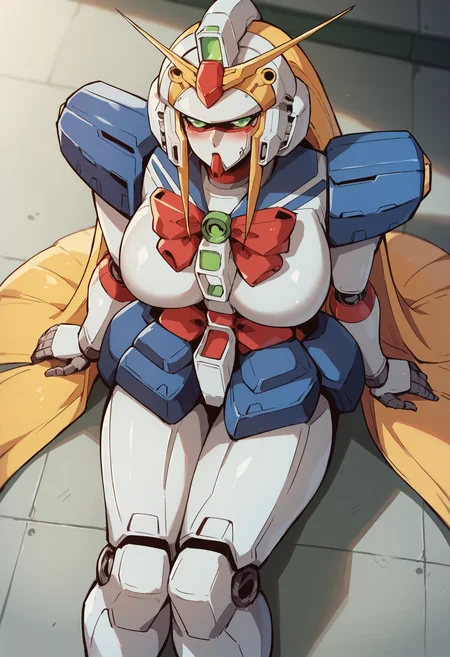 score_9, score_8_up, score_8, source_anime, 1girl, <lora:NobelGundamF:0.85> solo, huge breasts, robot, mecha, green eyes, no humans, long hair, very long hair, blonde hair, v-fin, bow, red bow, looking at viewer, sitting, from above, blush,
(grasslands background), blurry background,