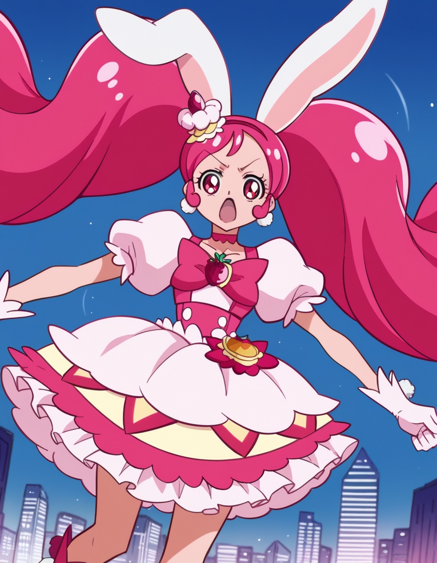 score_9, score_8_up, score_7_up, source_anime,
<lora:ichika-usami-anime-ponyxl-lora-nochekaiser:1>, ichika usami, hair ornament, twintails,
gloves, dress, bow, animal ears, jewelry, pink hair, earrings, choker, puffy sleeves, white gloves, rabbit ears, magical girl, pink bow, pom pom \(clothes\), food-themed hair ornament, pink choker,
cityscape, open mouth, fighting stance,
looking at viewer, cowboy shot, dutch angle, solo,