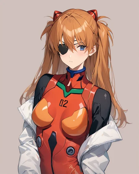 best quality, masterpiece,  <lora:souryuuv2:1>,bodysuit, evangelion:_3.0_you_can_(not)_redo, eyepatch, white_background, looking_away, 1girl, rebuild_of_evangelion, hair_ornament, red_bodysuit, solo, closed_mouth, neon_genesis_evangelion, souryuu_asuka_langley, simple_background, covered_collarbone, two_side_up, plugsuit, upper_body