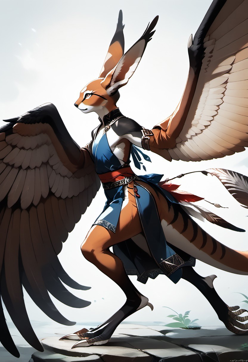 1person, Palagiri, long toes, nimble toes, handfeet, anthro, ((wing arms, large wings, no hands)), feline features, feline nose, large ears, thick tail, long tail, tapering tail, feather tipped tail, digitigrade legs,
Side profile,
Source: anime, score: 9, score: 8up,