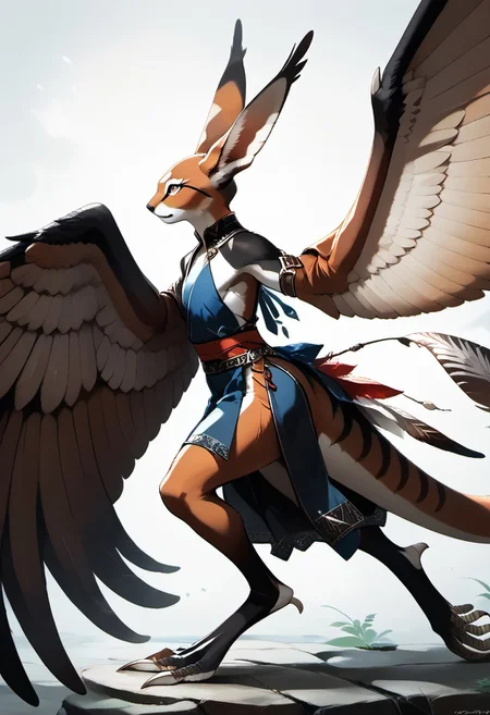 1person, Palagiri, long toes, nimble toes, handfeet, anthro, ((wing arms, large wings, no hands)), feline features, feline nose, large ears, thick tail, long tail, tapering tail, feather tipped tail, digitigrade legs,
Side profile,
Source: anime, score: 9, score: 8up,