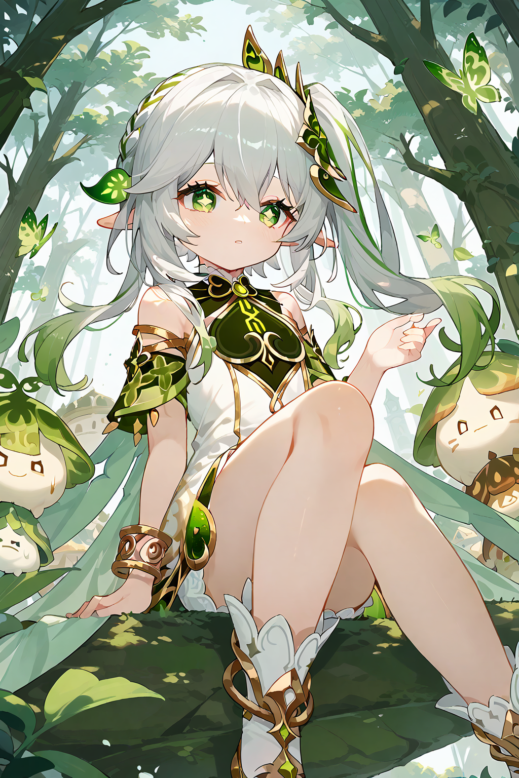 (score_9,score_8_up,score_7_up),<lora:Nahida(genshin impact)-v1:1>,Nahida(genshin impact),1girl,nahida (genshin impact),solo,green eyes,pointy ears,hair ornament,long hair,side ponytail,dress,sitting,multicolored hair,bracelet,white dress,tree,jewelry,bangs,gradient hair,white hair,sidelocks,green hair,symbol-shaped pupils,cape,green cape,detached sleeves,outdoors,short sleeves,looking away,hair between eyes,grey hair,cross-shaped pupils,leaf hair ornament,bare shoulders,nature,
good feet,anime,NSFW,expressive,amazing quality,ultra hd 32k,