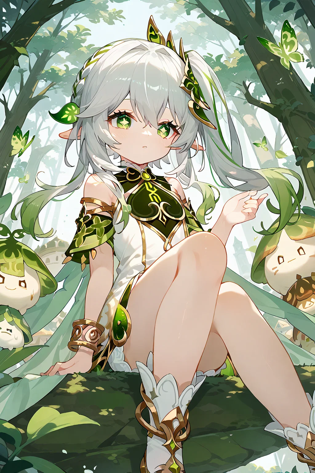 (score_9,score_8_up,score_7_up),<lora:Nahida(genshin impact)-v1:1>,Nahida(genshin impact),1girl,nahida (genshin impact),solo,green eyes,pointy ears,hair ornament,long hair,side ponytail,dress,sitting,multicolored hair,bracelet,white dress,tree,jewelry,bangs,gradient hair,white hair,sidelocks,green hair,symbol-shaped pupils,cape,green cape,detached sleeves,outdoors,short sleeves,looking away,hair between eyes,grey hair,cross-shaped pupils,leaf hair ornament,bare shoulders,nature,
good feet,anime,NSFW,expressive,amazing quality,ultra hd 32k,