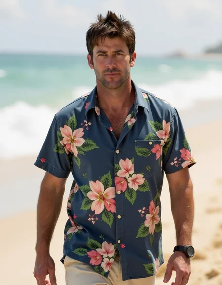 <lora:joe_flanigan:1> joe_flanigan walking along a deserted beach in a Hawaiian shirt