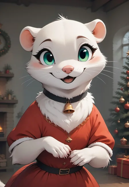 score_9, score_8_up, score_7_up, score_6_up, score_5_up, score_4_up, (((mustelid))), Christmas dress, cute, (feral:1), (white fur:2), green eyes, neck bell, hugging viewer, embracing viewer,