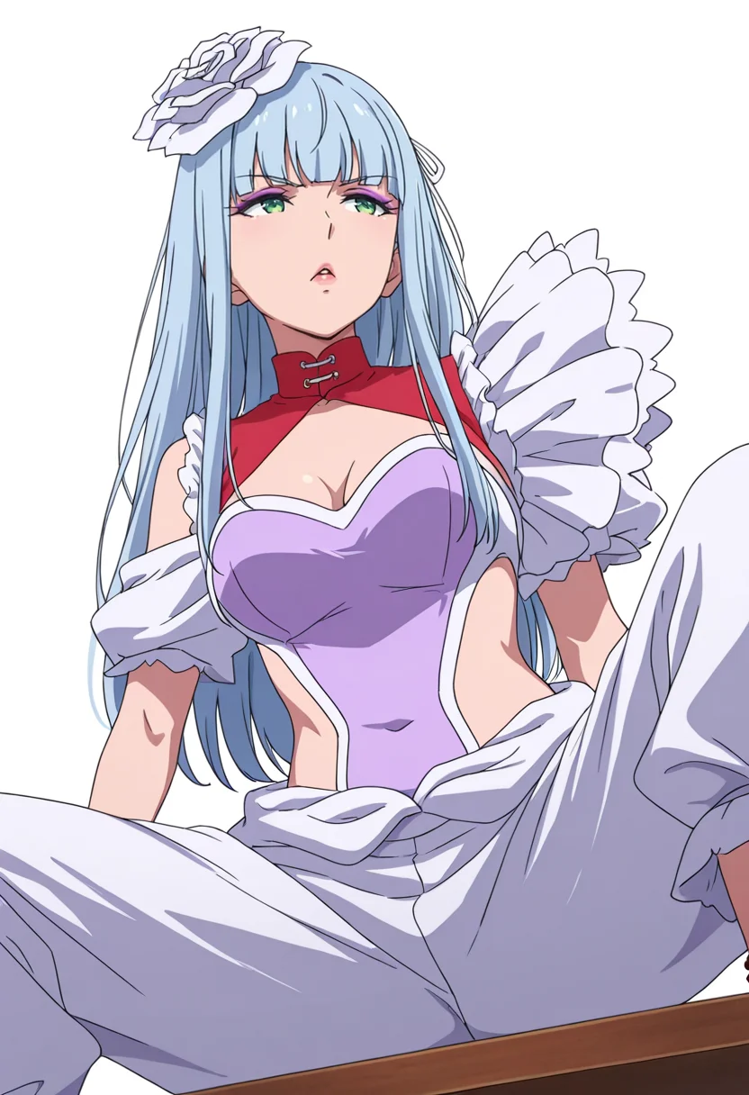 Smooth Quality,masterpiece,very intricate, high quality details, ultra realistic, high detailed skin,detailed enviorement,absurdres,
<lora:Manami_Supernova_CNR:0.8> manami_cnr, 1girl,blue hair, long hair, blunt bangs, green eyes, makeup, lipstick,white flower,hair flower, hair ornament,, simple background, white background, from below,solo,
sitting sideways on surface, legs dangling, one arm supporting weight ,, diamond mouth,, shrug, ,lace-up top, ,baggy pants, ,