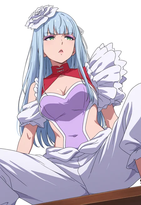 Smooth Quality,masterpiece,very intricate, high quality details, ultra realistic, high detailed skin,detailed enviorement,absurdres,
<lora:Manami_Supernova_CNR:0.8> manami_cnr, 1girl,blue hair, long hair, blunt bangs, green eyes, makeup, lipstick,white flower,hair flower, hair ornament,, simple background, white background, from below,solo,
sitting sideways on surface, legs dangling, one arm supporting weight ,, diamond mouth,, shrug, ,lace-up top, ,baggy pants, ,