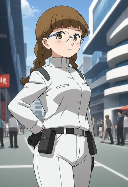 <lora:Hyper-SDXL-8steps-lora:1> <lora:Fixhands_anime_bdsqlsz_V1:1> zPDXL2, score_9, score_8_up, score_7_up, source_anime, intricate details, perfect anatomy BREAK
outdoors, city, tokyo, japan, audience, crowd, looking at viewer, upper body,  hand on own hip,  perspective ,pointing at viewer, dynamic angle , from side , Relieved, Mouth turned up slightly, eyes wide open, and a relaxed jaw., 1girl, solo, solo focus, 
<lora:GAGE-remi_ruth_XL(pony)v10:1> gage-remi, brown hair, low twin braids, brown eyes, glasses, gage-remi outfit, white dress, black gloves, belt pouch, white pants, black shoes,
