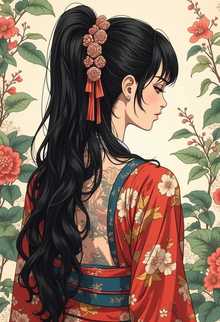 GLSHS, detailed drawing, 1girl, girl, looking back, black long hair, hair ornament, kimono, back exposed. detailed yakuza tattoo on back, in a japanese garden